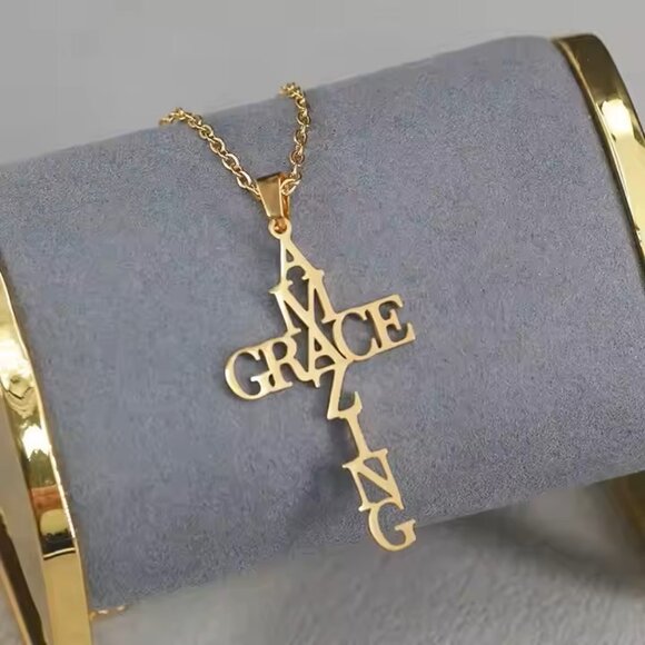 Stainless Steel Amazing Grace Cross Necklace - Gold, Christian Faith, Church - Picture 9 of 11